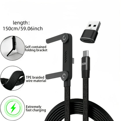 Foldable Charging Cable with Integrated Stand Fast Charging Cable Phone Tablet 240W Ultra-Fast Data Cable Phone Holder